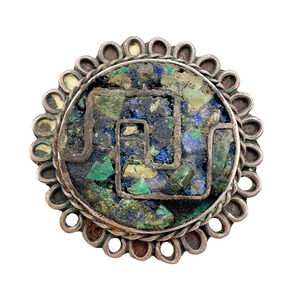 Vintage Taxco EVM Sterling Silver Brooch Pendant Crushed Turquoise Inlay c 1940s